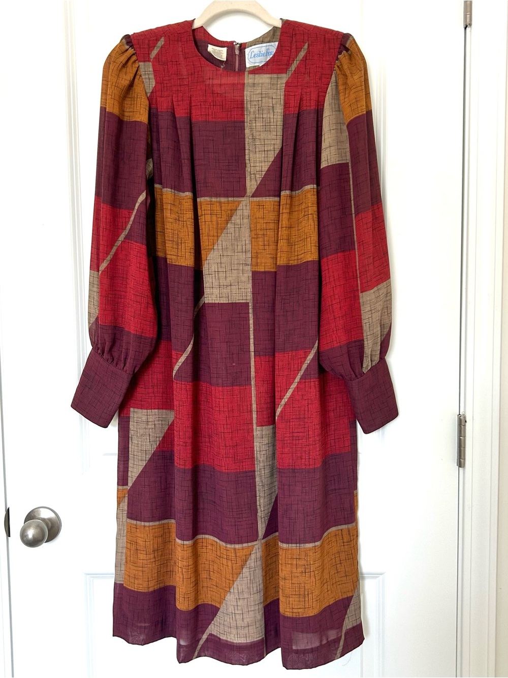 Leslie Fay Colorblock Midi Dress in Red, Burgundy & Mustard - Picture 8 of 11